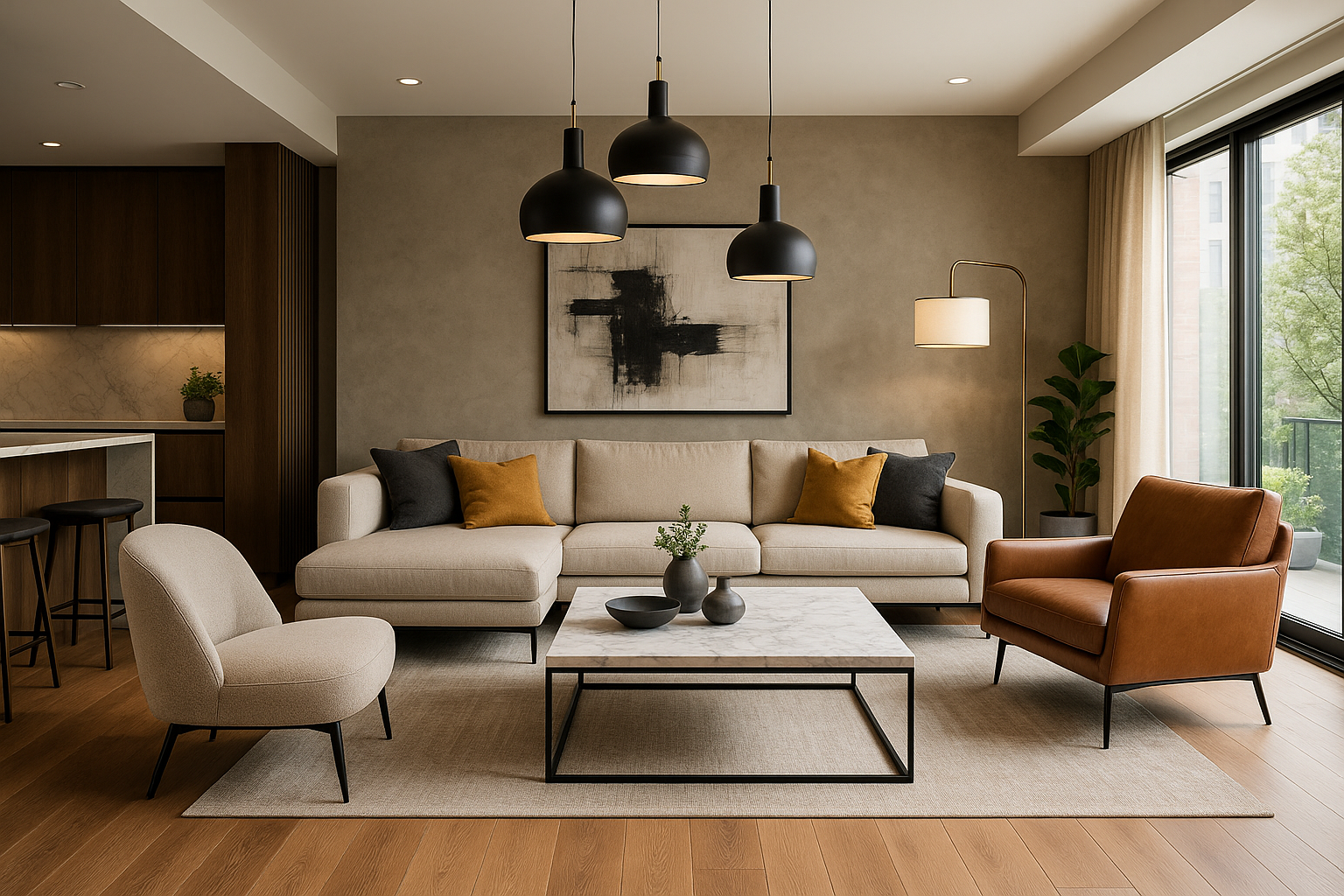 Interior design: furniture layout, fixtures, finishes